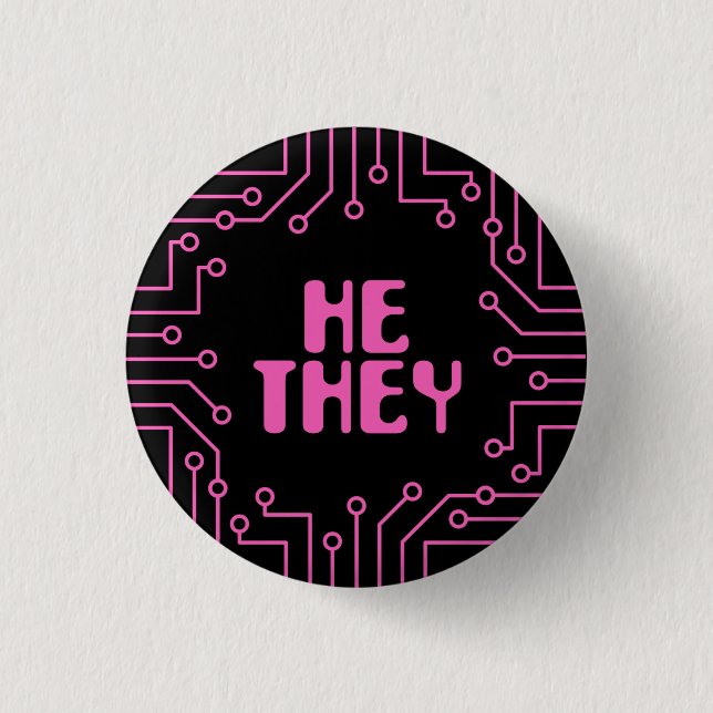 Pink Circuit Board He/They Pronouns 3 Cm Round Badge (Front)