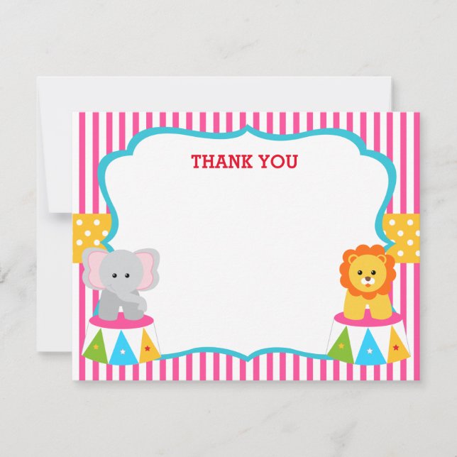 Pink Circus Carnival Birthday Thank You Note Cards (Front)
