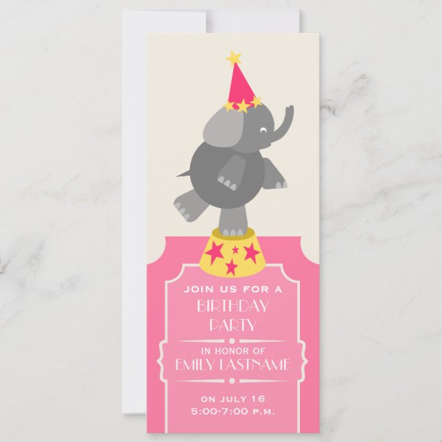 Pink Circus Ticket Elephant Birthday Party Invitation (Front)
