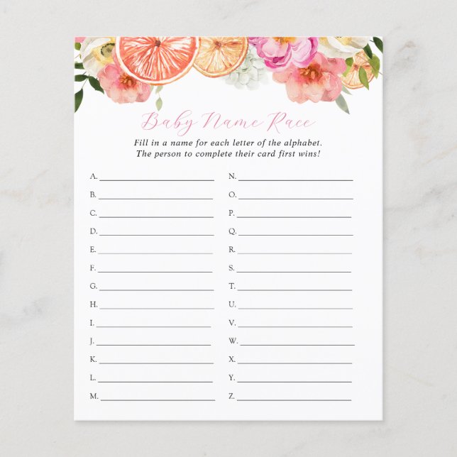 Pink Citrus Baby Name Race Shower Game (Front)