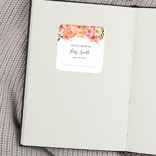 Pink Citrus Flowers Baby Shower Bookplate Square Sticker