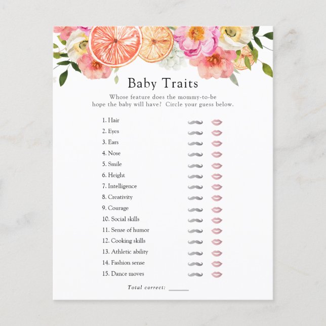 Pink Citrus Flowers Baby Traits Shower Game (Front)