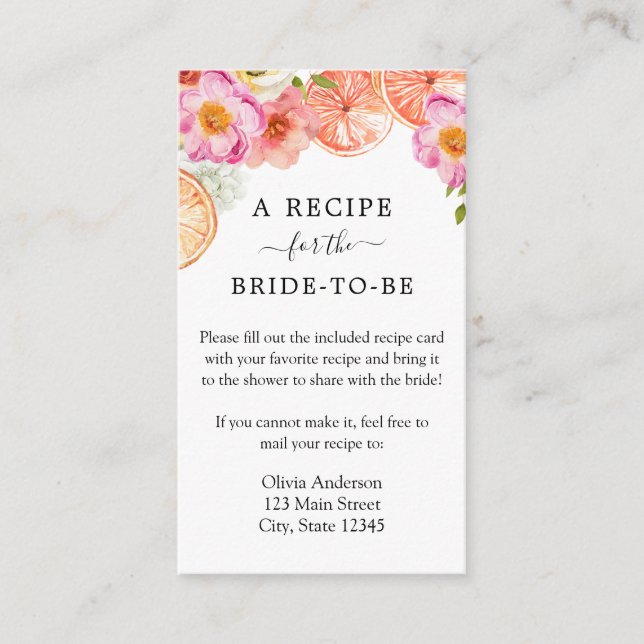 Pink Citrus Flowers Bridal Recipe Request Enclosure Card (Front)