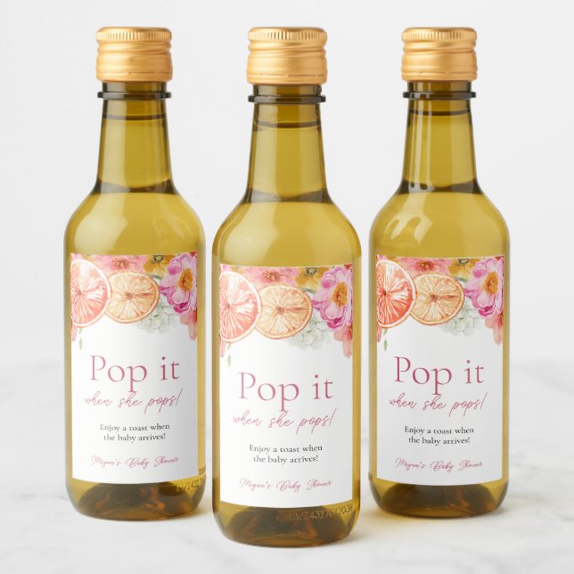 Pink Citrus Flowers Pop it when she Pops Wine Label (Bottles)