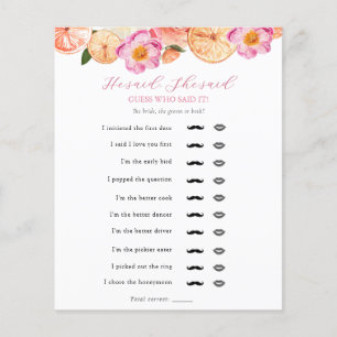 Pink Citrus  He Said, She Said Bridal Shower Game