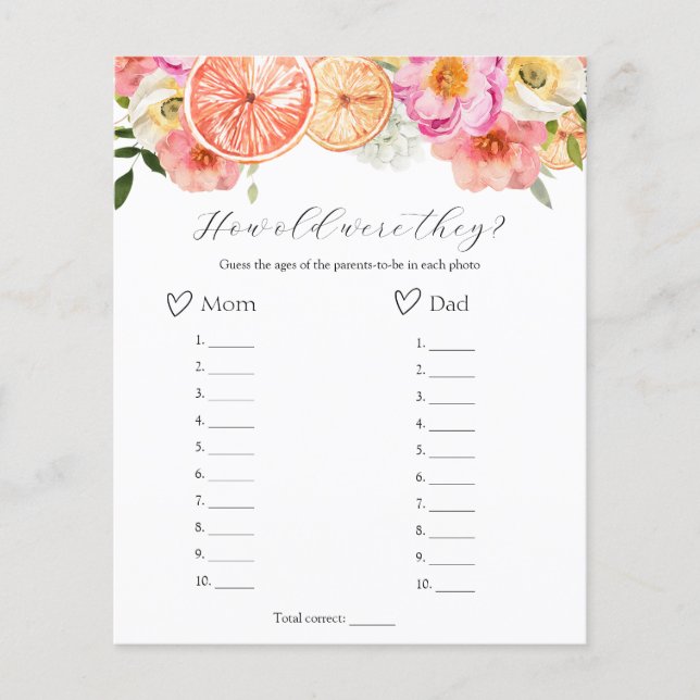 Pink Citrus How Old Were They Baby Shower Game  (Front)