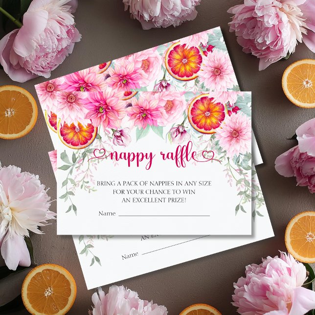 Pink & Citrus Nappy Diaper Raffle Baby Shower Enclosure Card (Citrus & Pink Watercolor Flowers Baby Shower Nappy Raffle - Diaper Raffle Enclosure Cards)