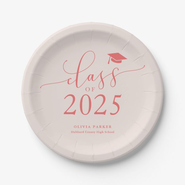 Pink Class of 2025 Graduation Party Paper Plate (Front)