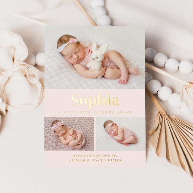Pink Classic 3 Photo Collage Birth Announcement (Creator Uploaded)