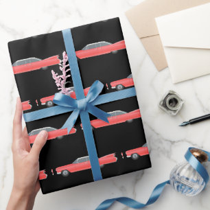 PINK CLASSIC CAR CHRISTMAS WRAPPING PAPER