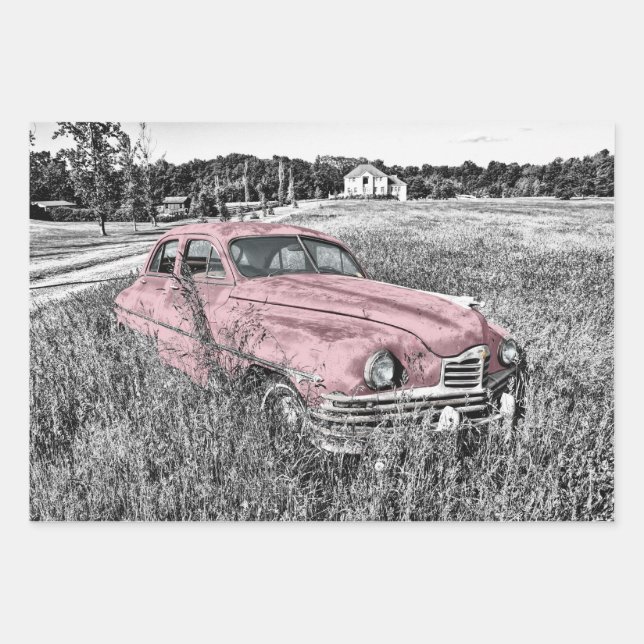 Pink Classic Car Wrapping Paper Sheet (Front)