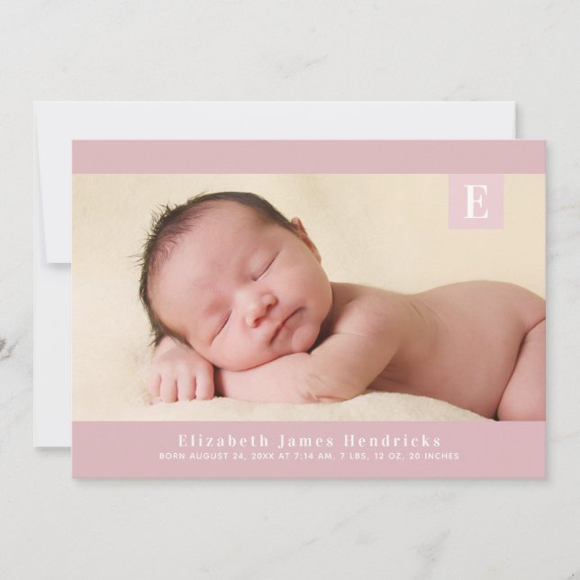 Pink Classic Monogram Baby Girl Photo Birth Announcement (Front)