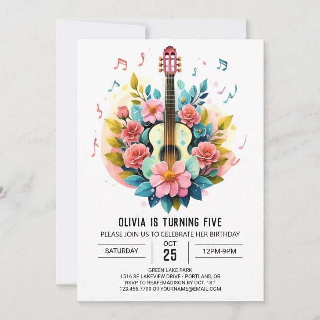 Pink Classical Guitar Birthday Invitation (Front)