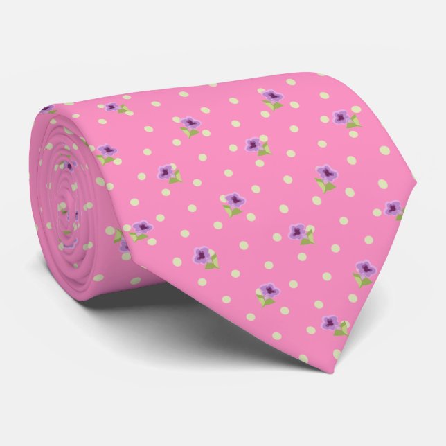 Pink Classy Green Yellow Dots Floral Pattern Tie (Rolled)