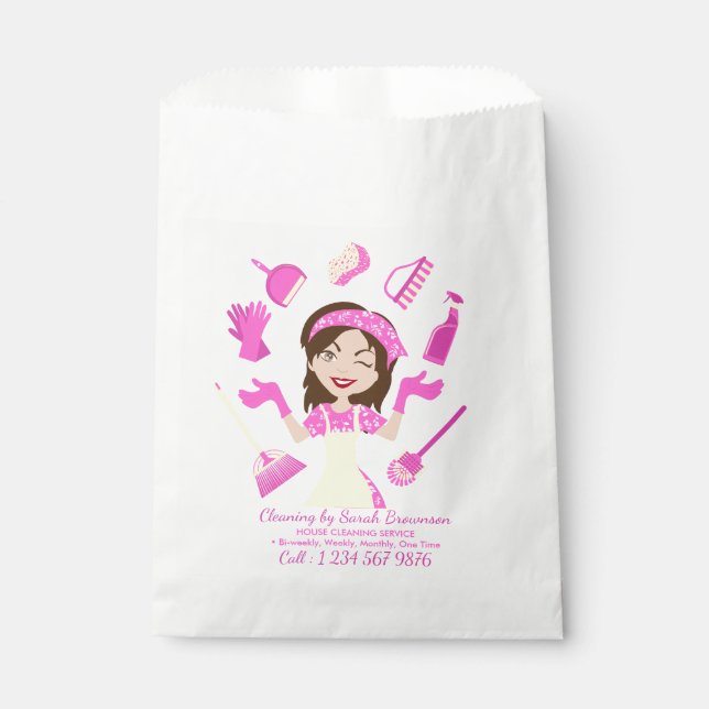 Pink Cleaning Housekeeper Lady Cartoon Favour Bags (Front)