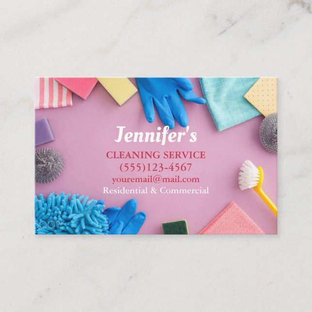 Pink Cleaning Supplies House Clean Service Business Card (Front)
