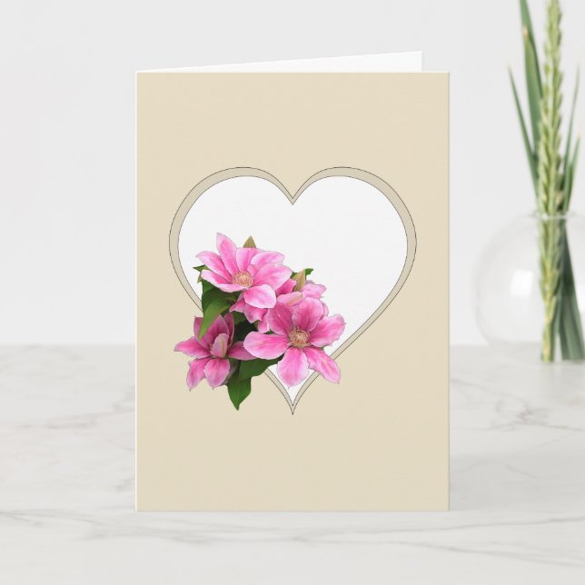 Pink clematis flower illustration heart beige card (Front)