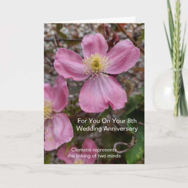 Pink Clematis Personalised 8th Wedding Anniversary Card (Front)