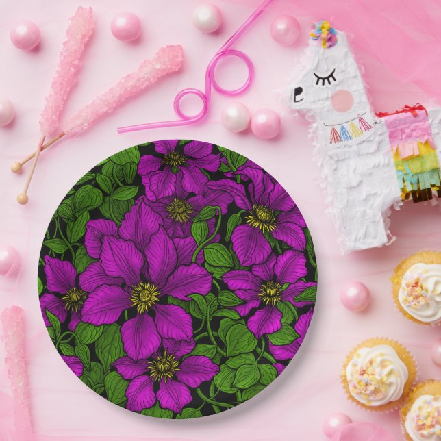 Pink Clematis vine Paper Plate (Party)