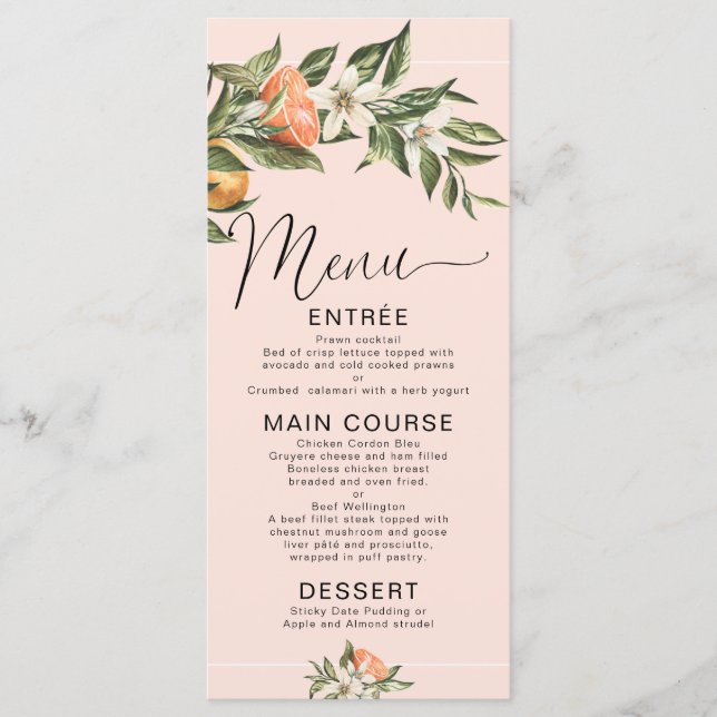 Pink Clementine Little Cutie Baby Shower Menu (Front)