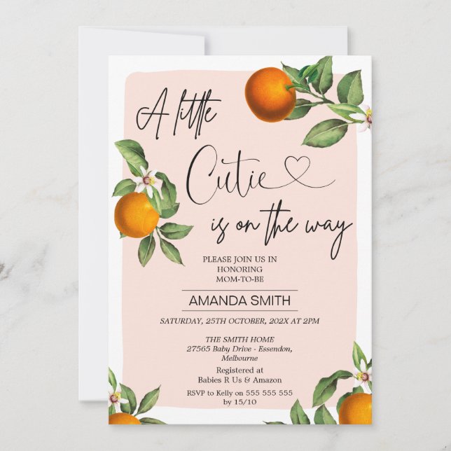Pink Clementine Oranges Little Cutie Baby Shower Invitation (Front)