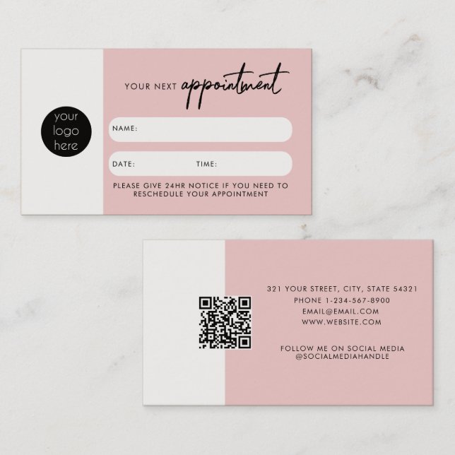 Pink Client Appointment Card QR Code Business Logo (Front/Back)
