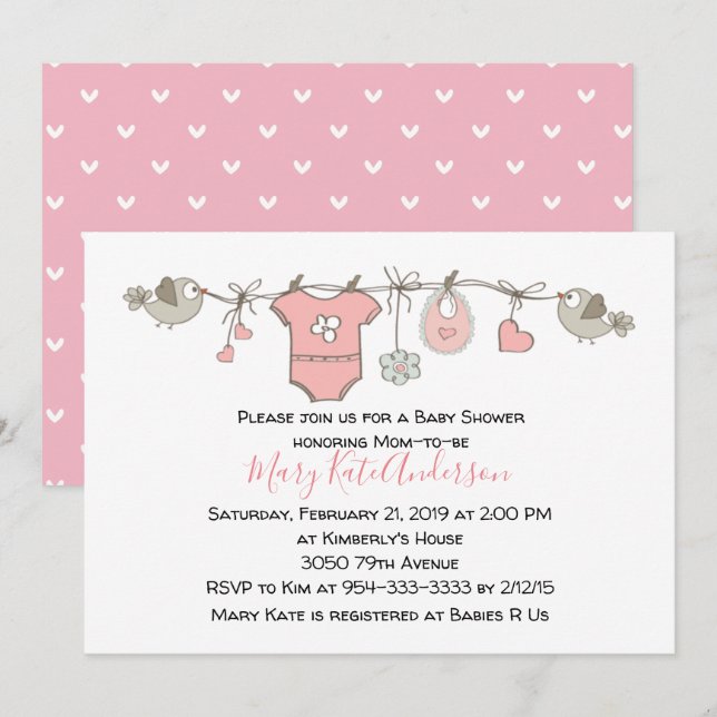 Pink Clothes Line It's a Girl BABY SHOWER Invitation (Front/Back)