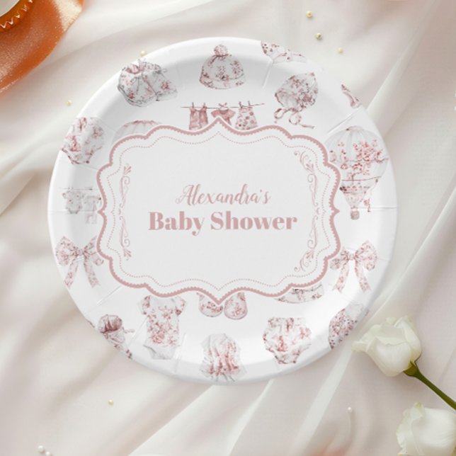 Pink Clothes Toile De Jouy  Baby Shower Paper Plate (Creator Uploaded)