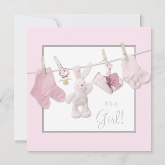 Pink Clothesline Baby Girl Shower Invitations (Front)
