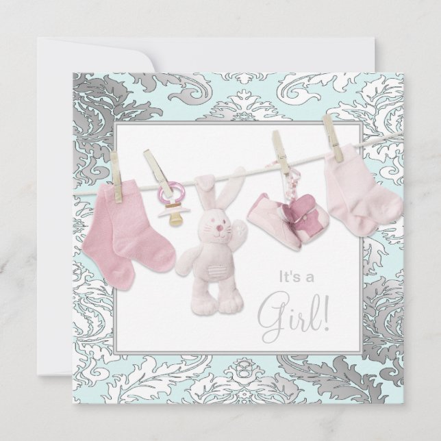 Pink Clothesline Baby Girl Shower Invitations (Front)