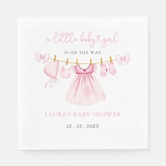 Pink Clothesline Coquette Bow Girl Baby Shower Napkin (Front)