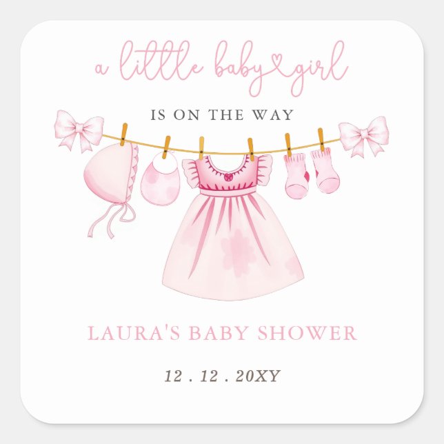 Pink Clothesline Coquette Bow Girl Baby Shower Square Sticker (Front)