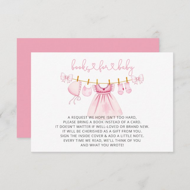 Pink Clothesline Girl Baby Shower Book Request  Enclosure Card (Front/Back)