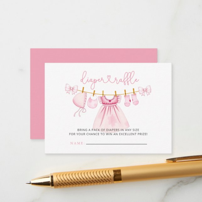 Pink Clothesline Girl Baby Shower Diaper Raffle Enclosure Card (Front/Back In Situ)