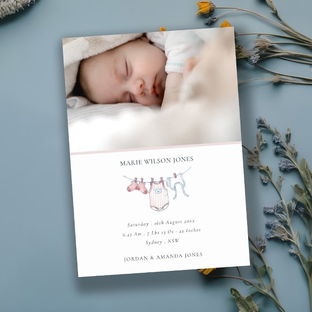 Pink Clothesline Photo Baby Birth Announcement  (Creator Uploaded)