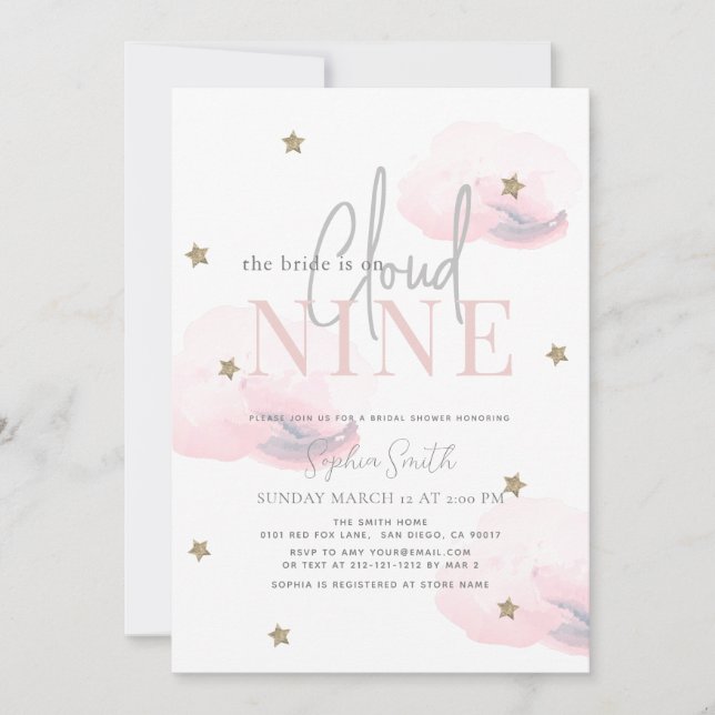 Pink Cloud 9 Gold Stars Watercolor Bridal Shower Invitation (Front)