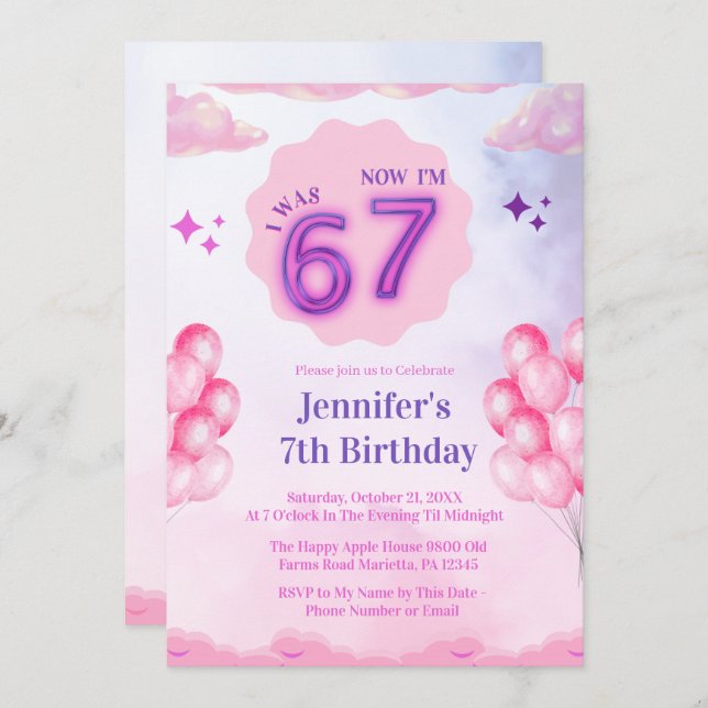 Pink Cloud “I Was 6 Now I’m 7” Girl Birthday Invitation (Front/Back)