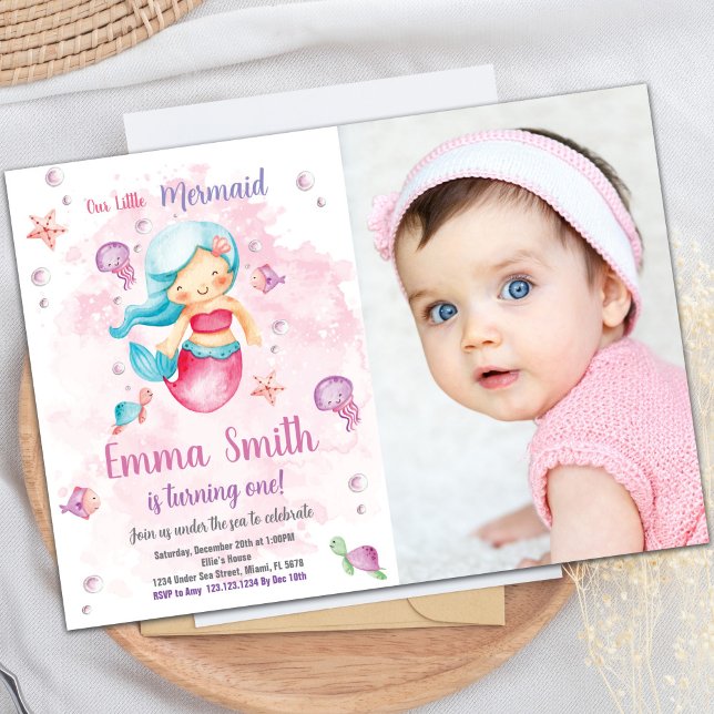 Pink Cloud Mermaid Birthday Invitations with photo (Pink Cloud Mermaid Birthday Invitations with photo)