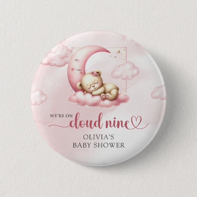 Pink cloud nine teddy bear girl baby shower 6 cm round badge (Front)
