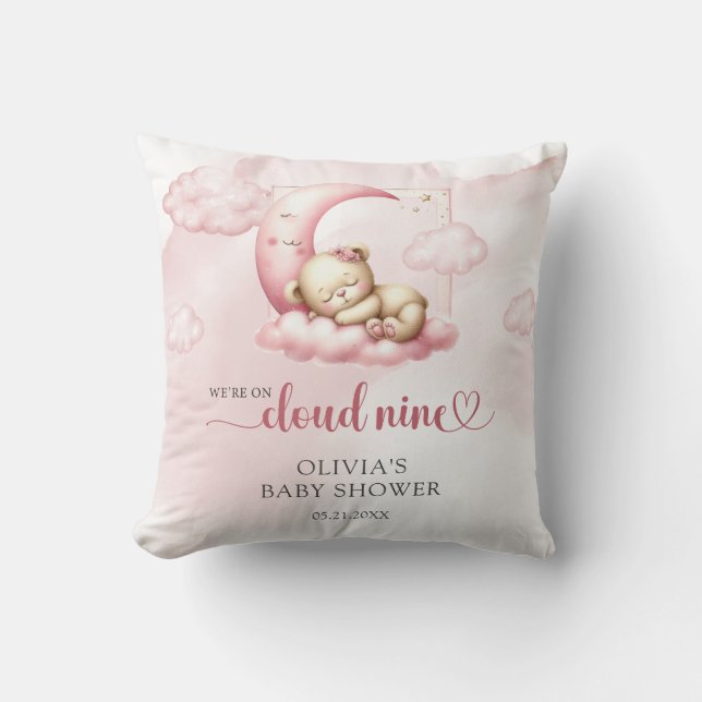 Pink cloud nine teddy bear girl baby shower cushion (Front)
