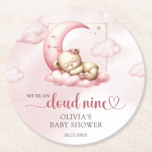 Pink cloud nine teddy bear girl baby shower round paper coaster