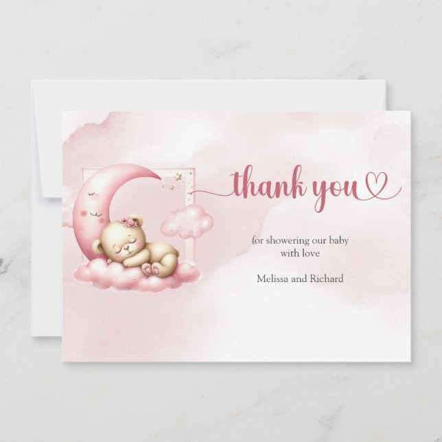 Pink cloud nine teddy bear girl baby shower thank you card (Front)