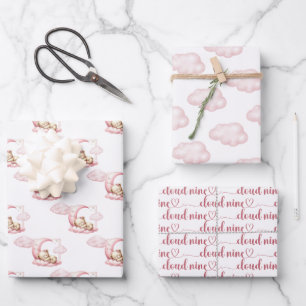 Pink cloud nine teddy bear girl baby shower wrapping paper sheet