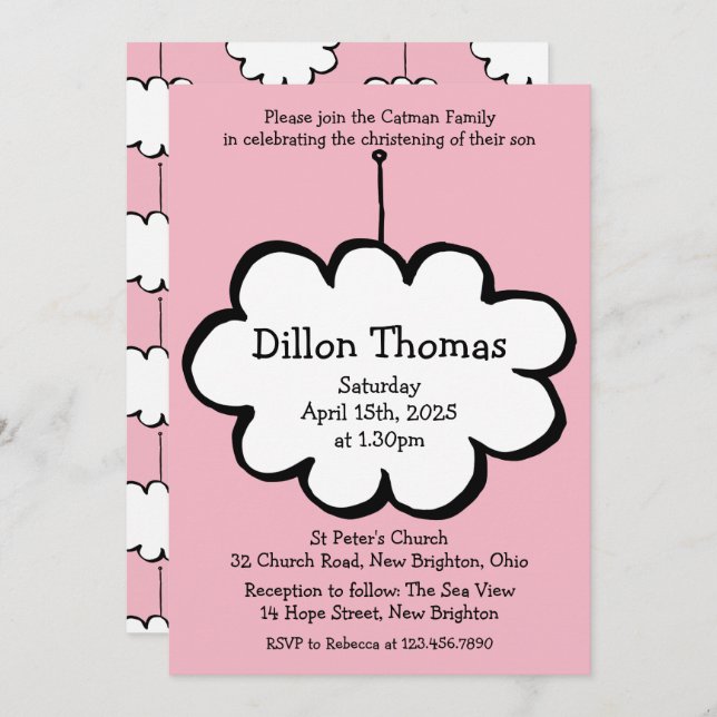 Pink Cloud on a String Christening Baptism Invitation (Front/Back)