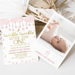 Pink Cloud Photo Twinkle Twinkle Star 1st Birthday Invitation