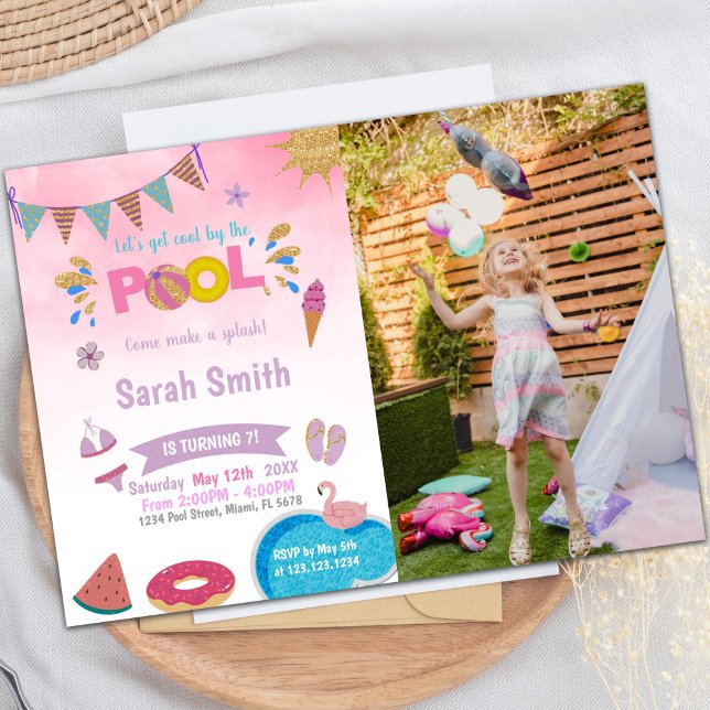 Pink Cloud Pool Birthday Invitations with photo (Pink Cloud Pool Birthday Invitations with photo)