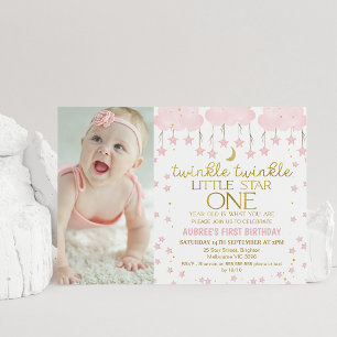 Pink Cloud Twinkle Twinkle Star Photo 1st Birthday Invitation