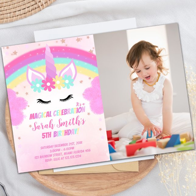 Pink Cloud Unicorn Birthday Invitation with Photo (Photo Pink Cloud Unicorn Birthday Invitations)