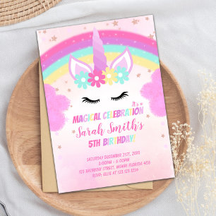 Pink Cloud Unicorn Birthday Invitations