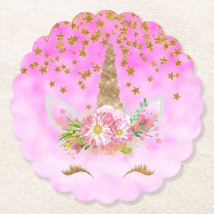 Pink Clouds and Gold Stars Unicorn Paper Coaster